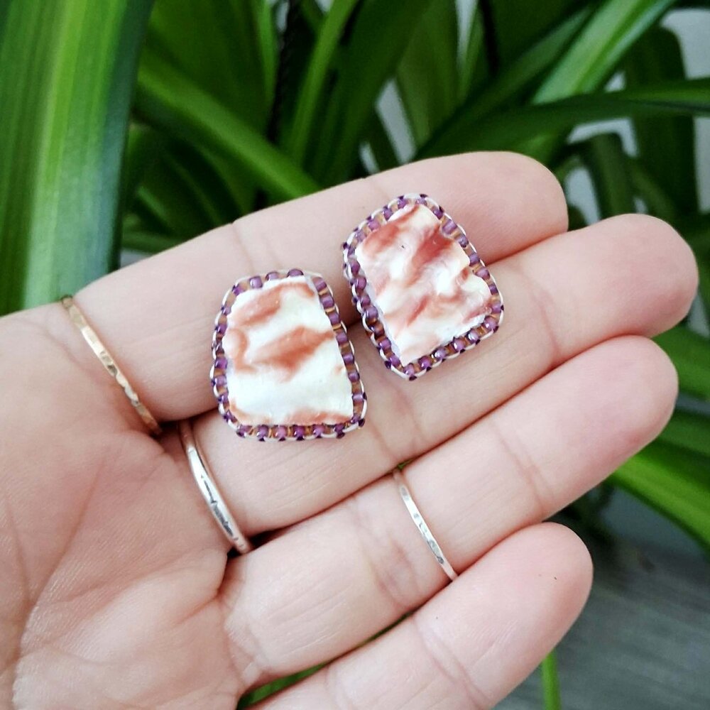 Natural scallop seashell beaded stud earrings, 1"